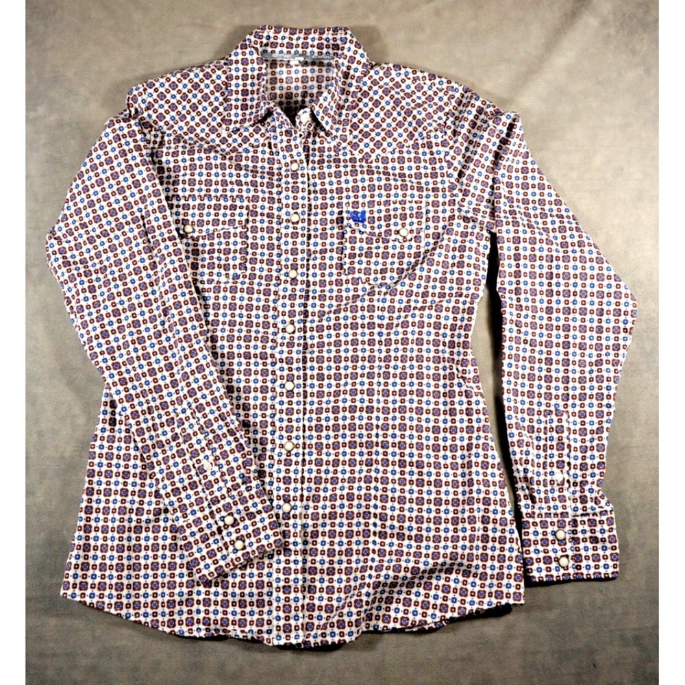 Cinch Western Shirt Women Sz M Red White Blue Geometric Long Sleeve Snap Cowgirl